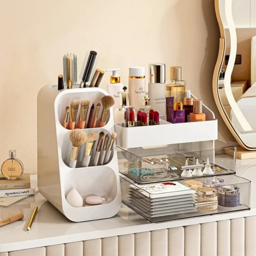 White Makeup Organizer with Drawers for Vanity, Skincare, Brushes & Lipsticks